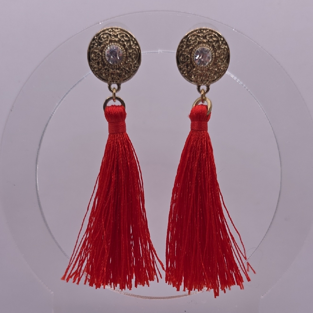 Elegant Goldtone and Tangerine Colored Tassel Earrings